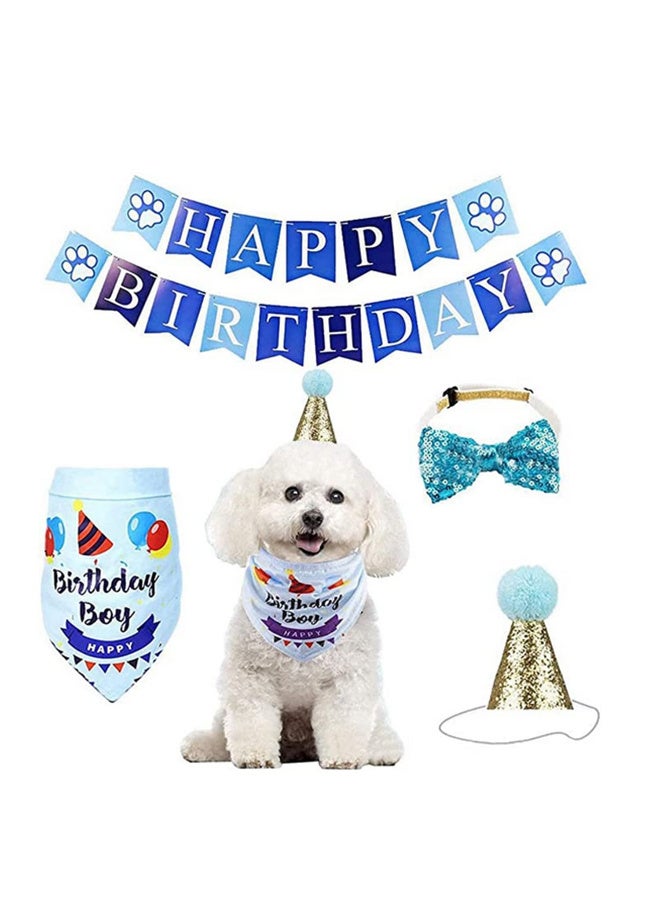 1 Set Handmade Adjustable DIY Pet Birthday Party Decor Kit -Includes Crown Bow Collar Bandana Scarf Headband & Banner for Cat Dog Celebration Supplies blue - Image 1